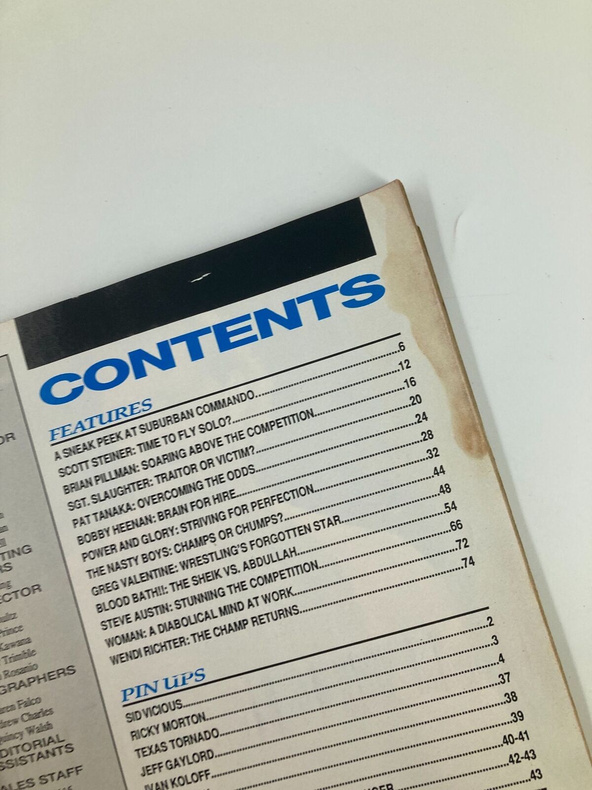 Close-up of the contents page from Wrestling Eye Magazine August 1991, showcasing the various features and pin-ups included in the issue.