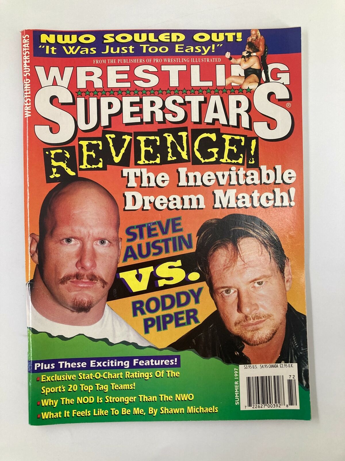 Wrestling Superstars Summer 1997 magazine cover featuring Steve Austin vs Roddy Piper, highlighting the NWO and exciting features including the Superstars 20 Tag Teams.