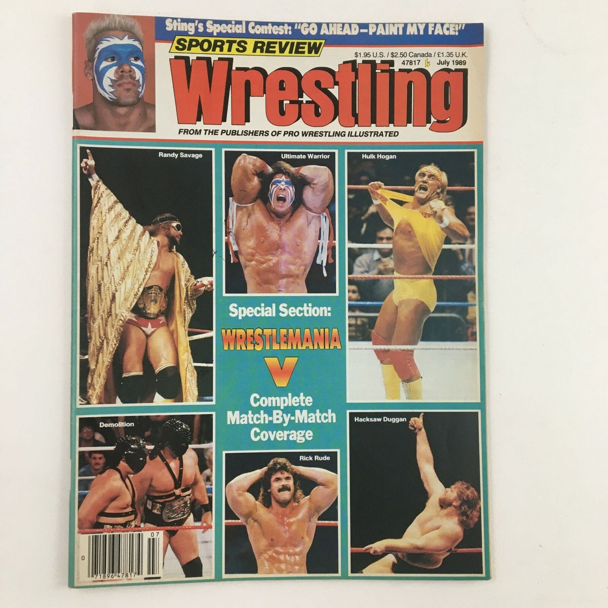 Sports Review Wrestling Magazine July 1989 cover featuring Randy Savage, Hulk Hogan, and Ultimate Warrior, showcasing Wrestlemania V highlights.