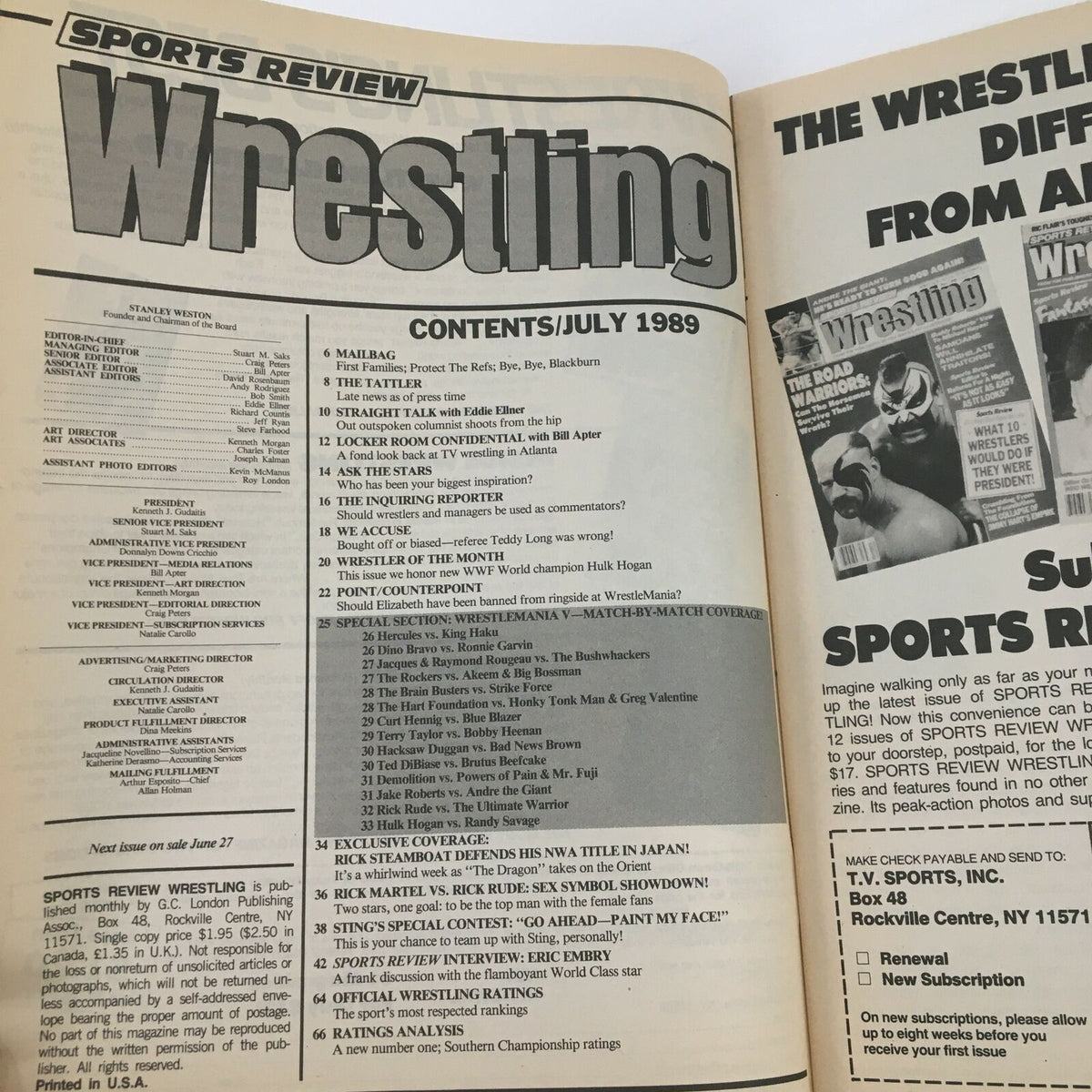 Inside page of Sports Review Wrestling Magazine July 1989 displaying the table of contents, featuring notable wrestling topics and personalities.