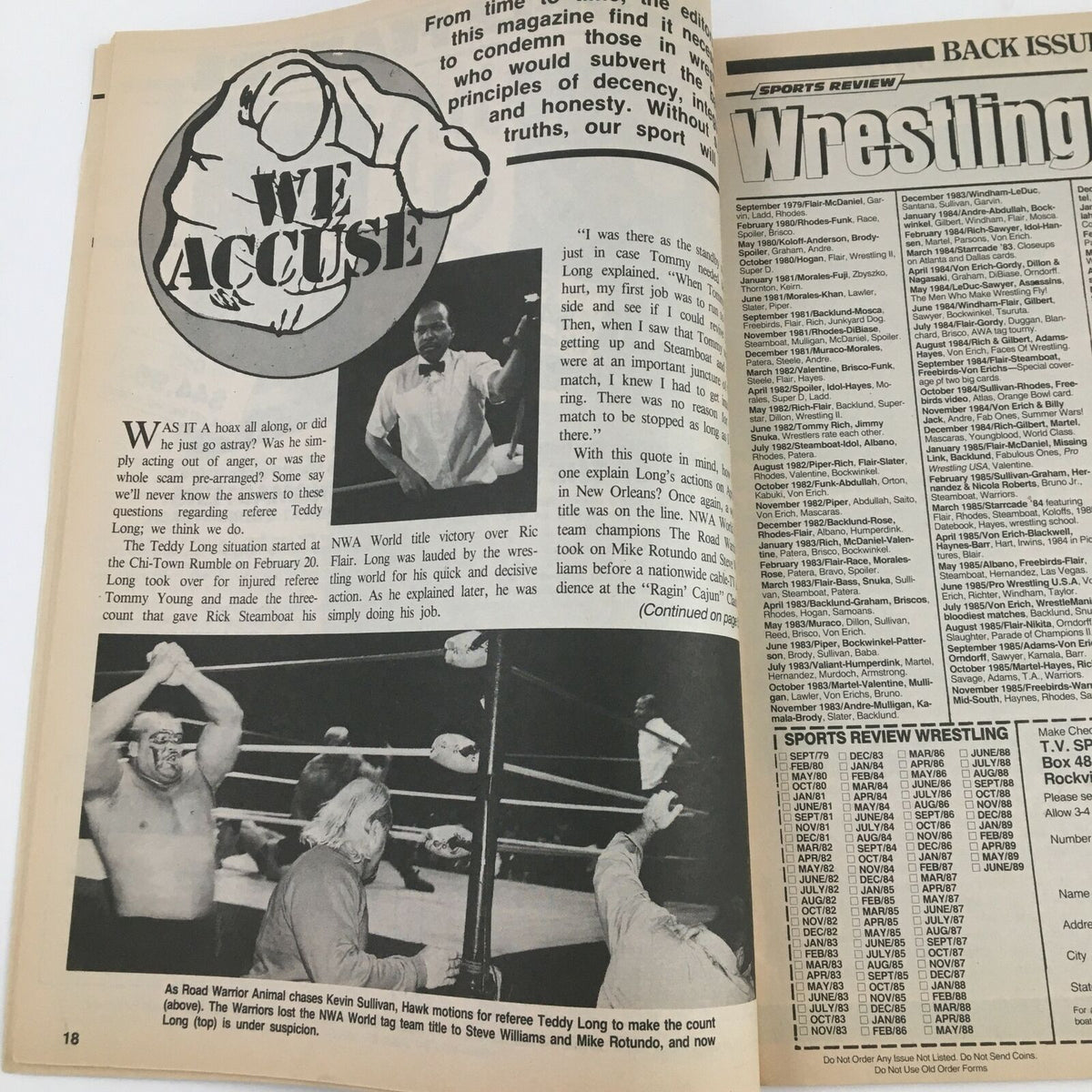 Inside page of Sports Review Wrestling Magazine July 1989 with an editorial section titled 'We Accuse', discussing wrestling controversies and personalities.
