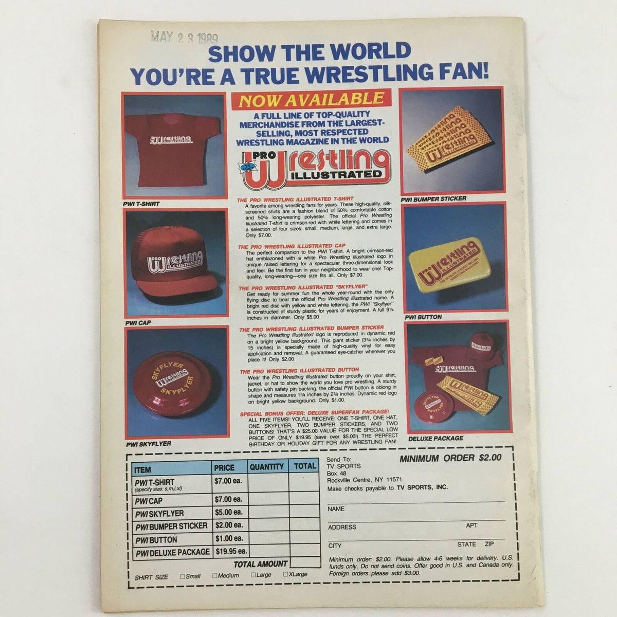 Back cover of Sports Review Wrestling Magazine July 1989, promoting merchandise including T-shirts and caps for wrestling fans.