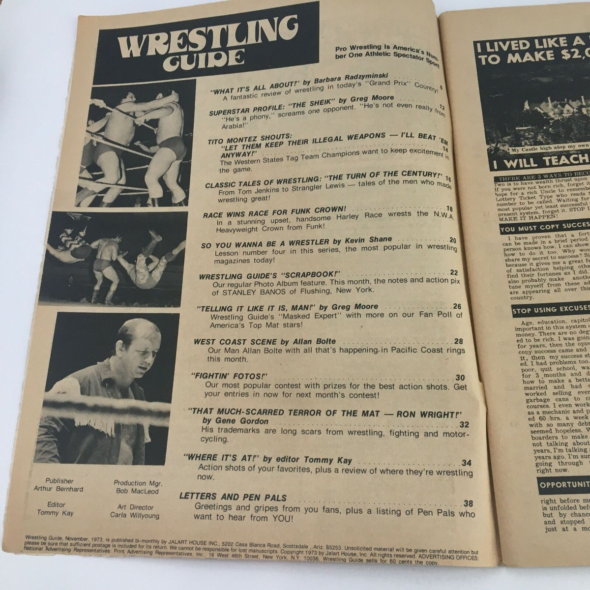 Inside pages of the Wrestling Guide Magazine November 1973 displaying articles and features about wrestling events, including profiles of wrestlers and classic tales.