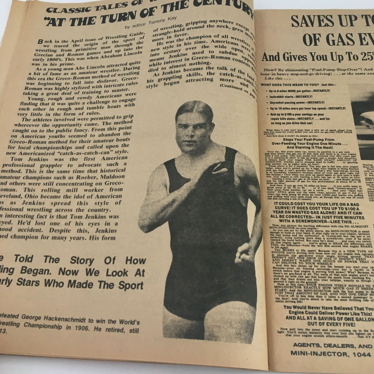 Story page from Wrestling Guide Magazine November 1973 focusing on classic wrestling history at the turn of the century, featuring wrestler Tom Jenkins.