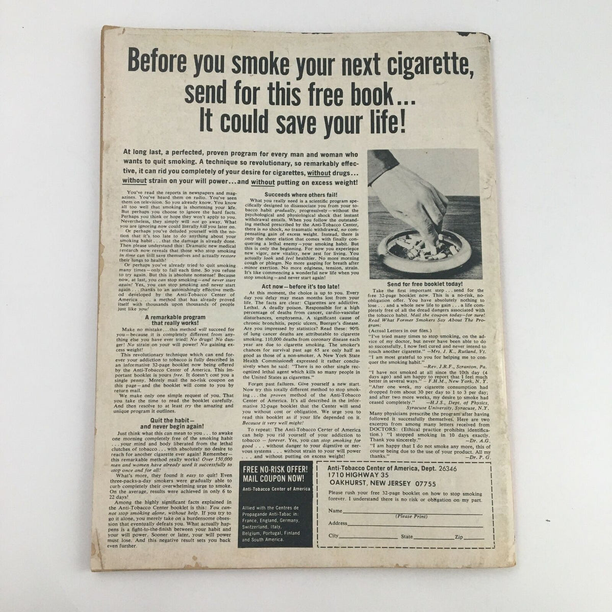 Back cover of Wrestling Guide Magazine November 1973, featuring an advertisement encouraging individuals to quit smoking with a unique program. The cover displays a hand extinguishing a cigarette in an ashtray, along with information about a free booklet offer.