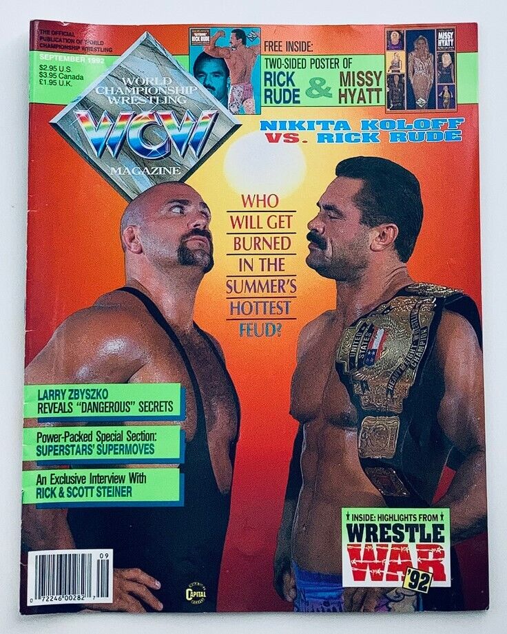 Cover of WCW Wrestling Magazine, September 1992 featuring Nikita Koloff vs Rick Rude, highlighting wrestling rivalries of the era.