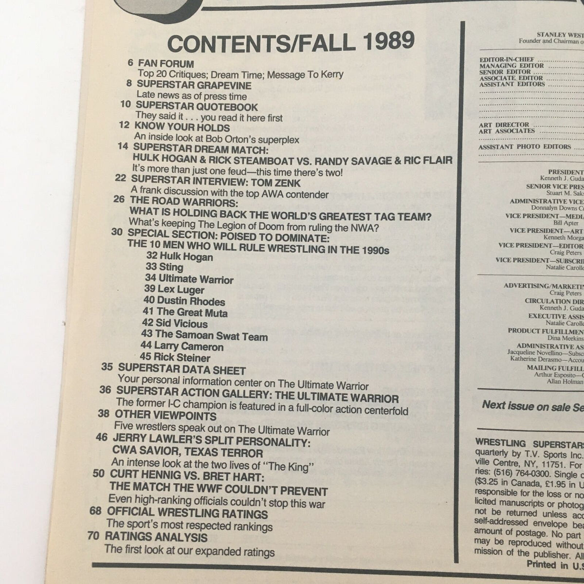 Contents page of Wrestling Superstars Magazine Fall 1989, highlighting articles including a feature on Hulk Hogan, Rick Steamboat, and top wrestlers of the era.