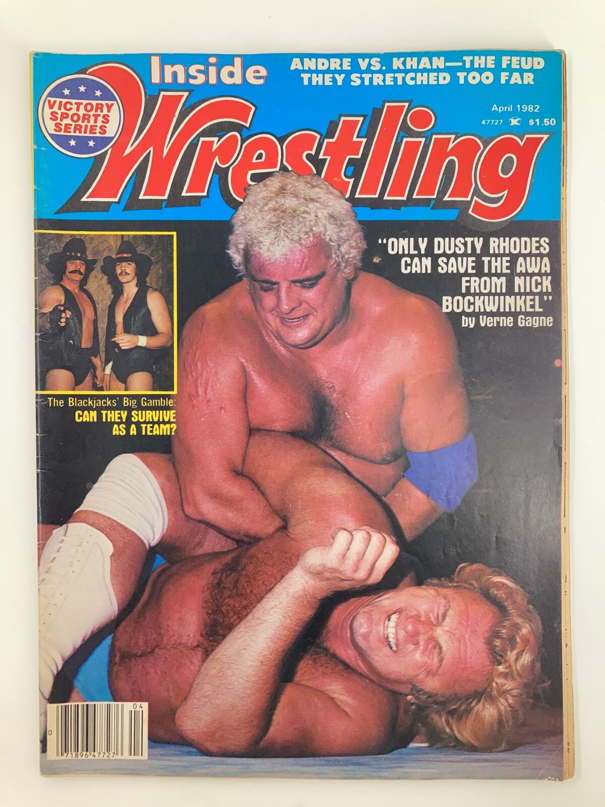 VTG Inside Wrestling Magazine April 1982 cover featuring Dusty Rhodes and The Blackjacks, showcasing professional wrestling action and headlines.