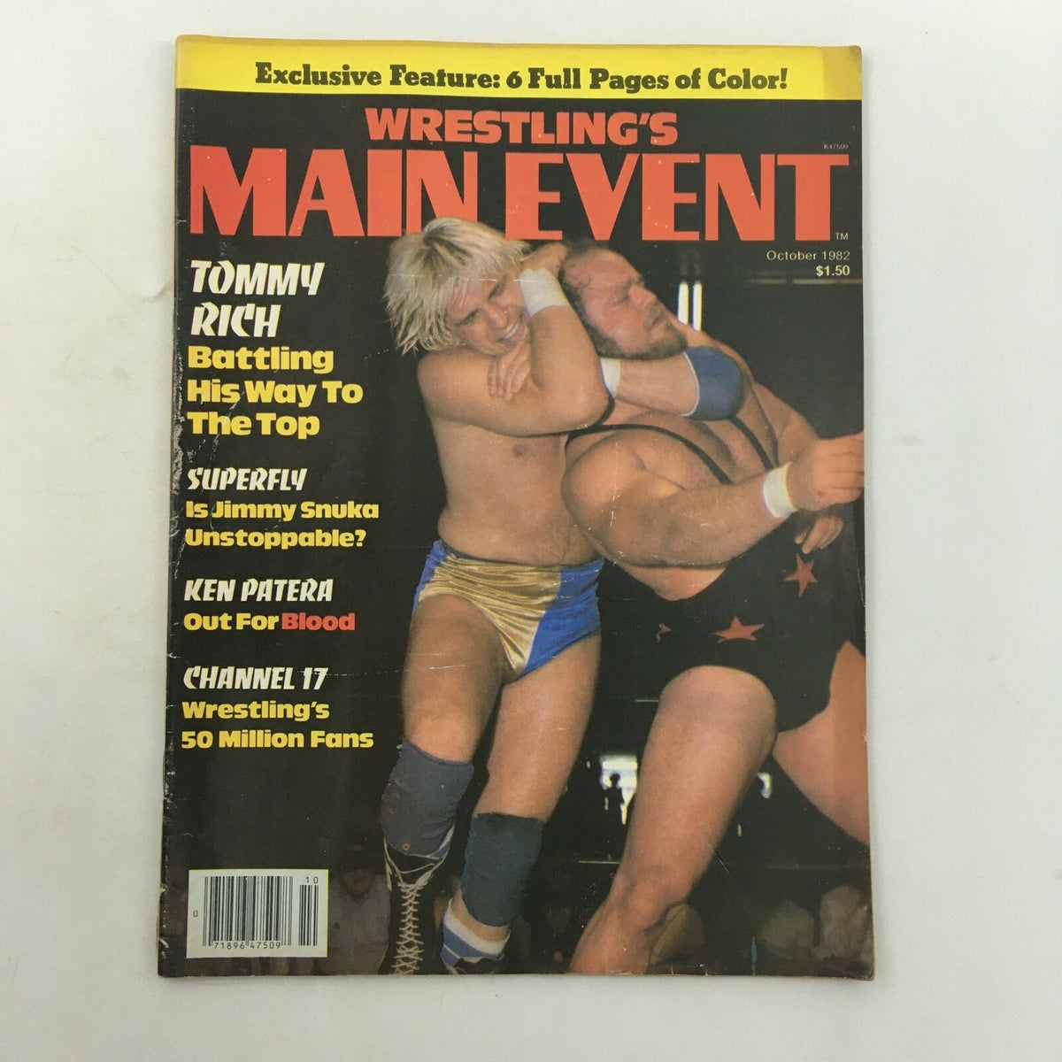 Wrestling's Main Event Magazine October 1982 cover featuring Tommy Rich and Ken Patera in a wrestling match, showcasing the excitement of 1980s professional wrestling.