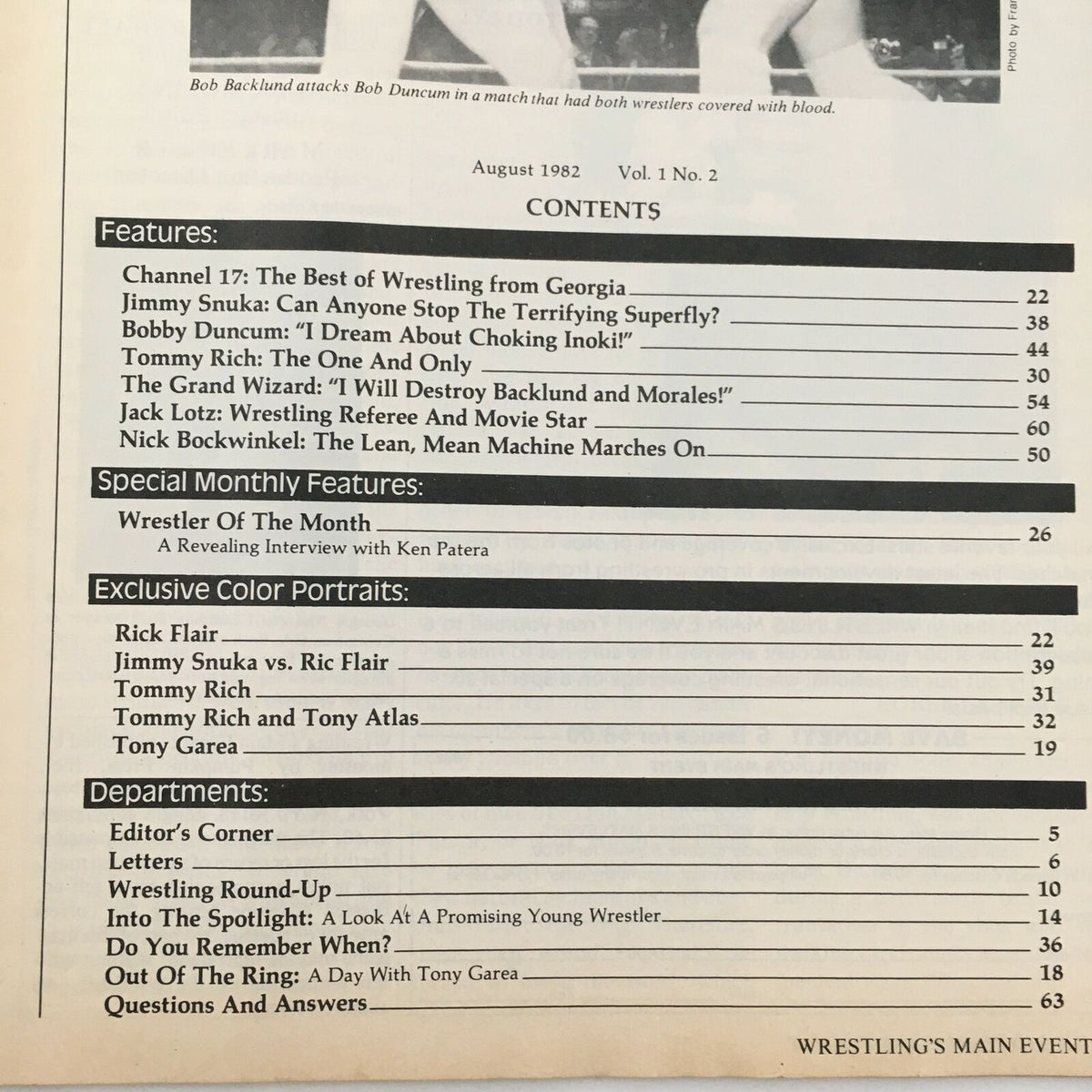 Contents page from Wrestling's Main Event Magazine October 1982, featuring feature articles on wrestling like Jimmy Snuka and Tommy Rich.