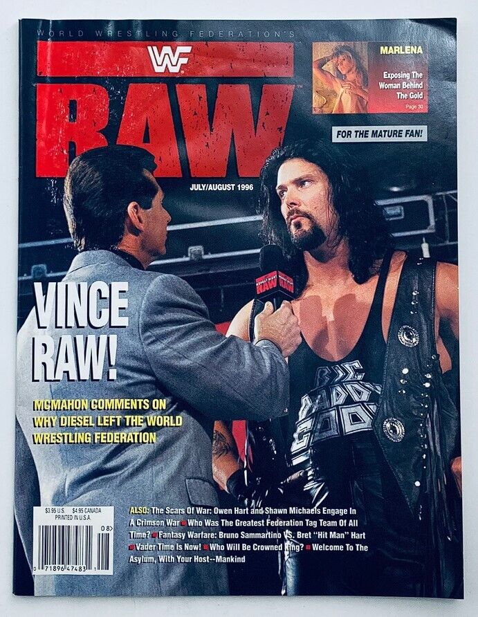 WWF Raw Magazine July 1996 cover featuring Vince McMahon and Kevin Nash, highlighting iconic wrestling moments and personalities.