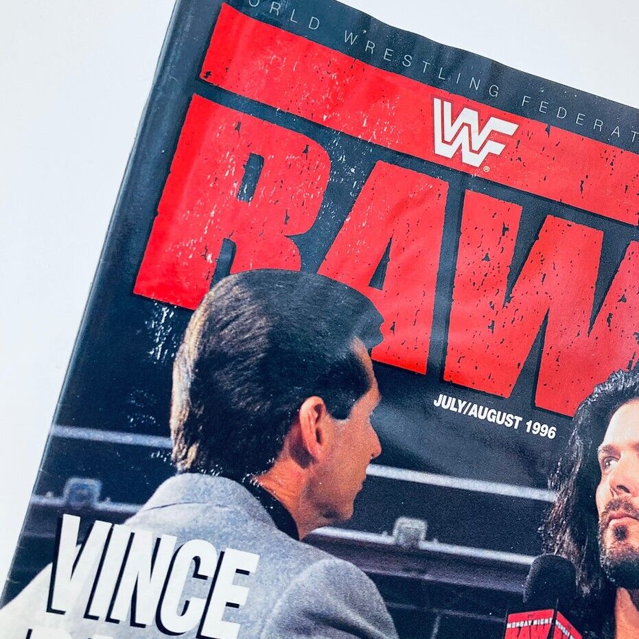 Close-up of the cover of WWF Raw Magazine July 1996 showing Vince McMahon and Kevin Nash, emphasizing the vintage wrestling theme.