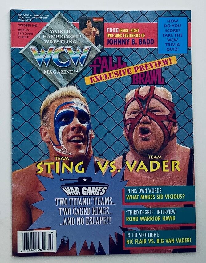 WCW Wrestling Magazine October 1993 featuring Sting and Vader on the cover, showcasing iconic wrestling personalities in a dramatic face-off, with vibrant graphics highlighting the magazine's unique content.