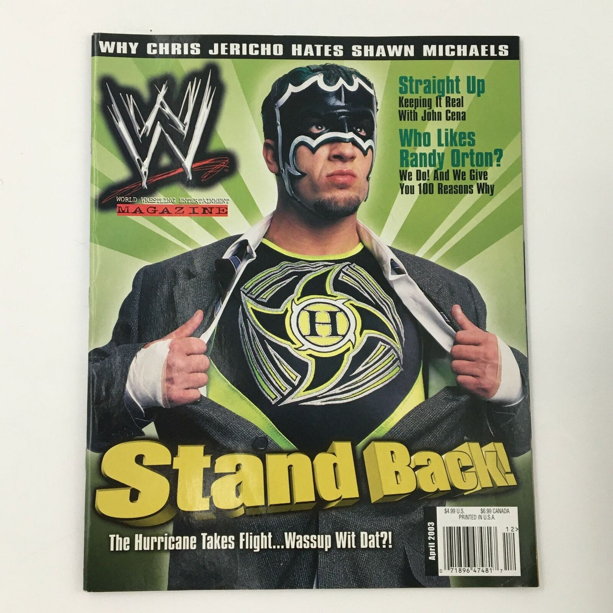 Cover of WWE Magazine April 2003 featuring The Hurricane and headlines about John Cena and Randy Orton.