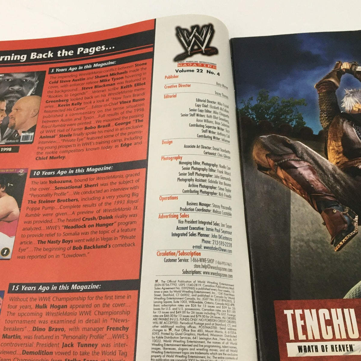 Inside page of WWE Magazine April 2003 showing the magazine's publishing details.