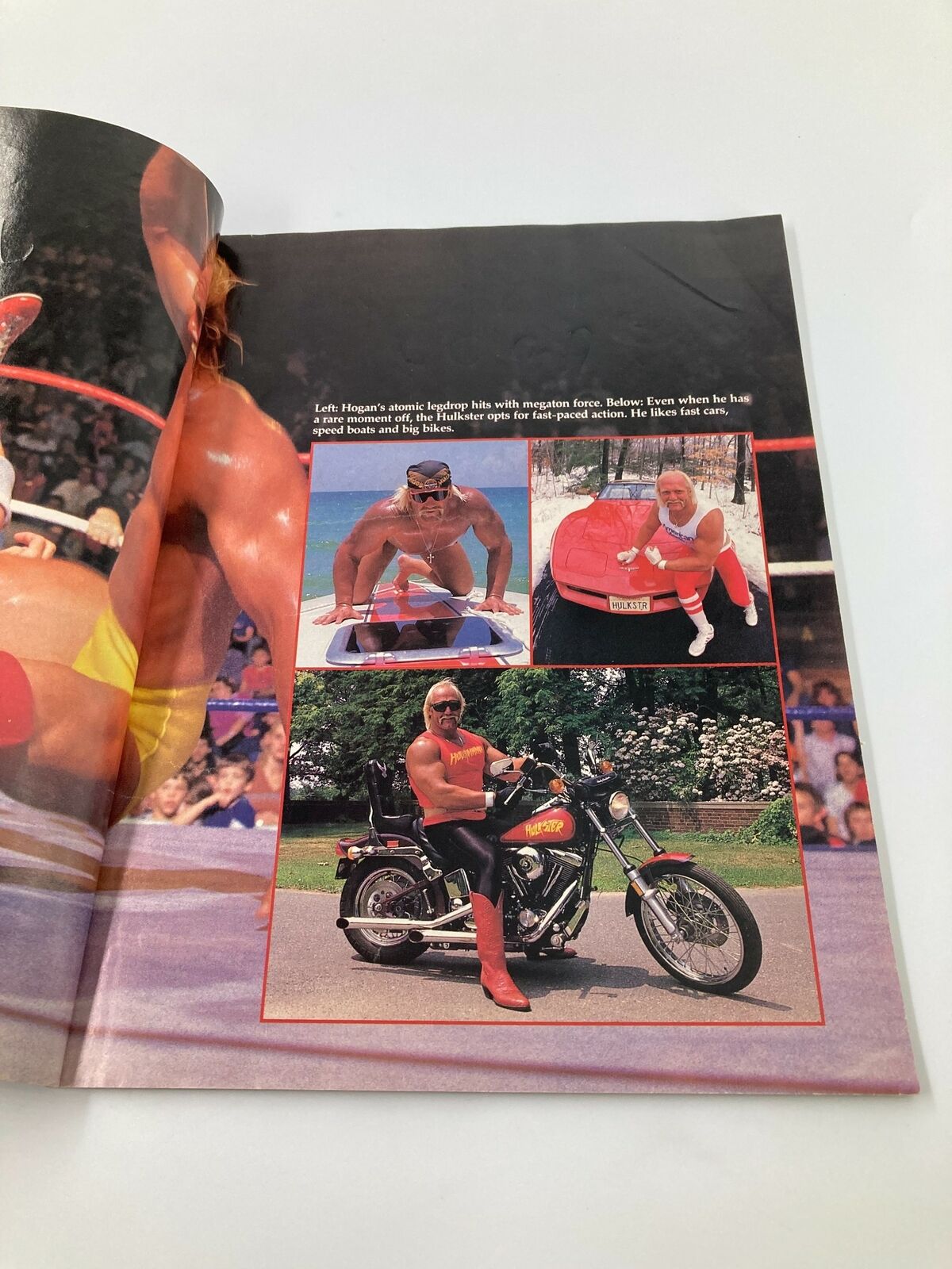 Image from 'The World Wrestling Federation Presents Superstars II 1987 Hulk Hogan' showcasing Hulk Hogan with a motorcycle and performing in the ring, highlighting the legendary wrestler's charisma and athleticism.