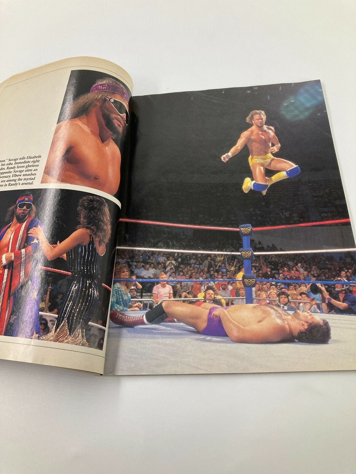 Image from 'The World Wrestling Federation Presents Superstars II 1987 Hulk Hogan' displaying a dramatic wrestling match scene with Macho Man Randy Savage soaring in the air amidst a cheering crowd, showcasing the excitement of WWF events.