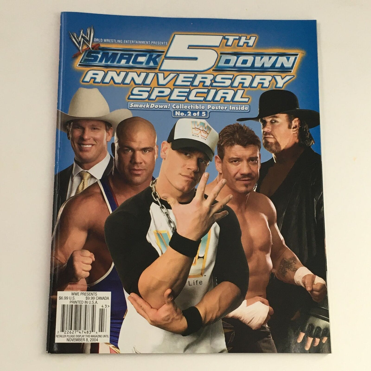 WWE Smack Down Magazine November 2004 cover featuring iconic wrestlers including John Cena, The Undertaker, and Kurt Angle in a commemorative 5th Anniversary special.