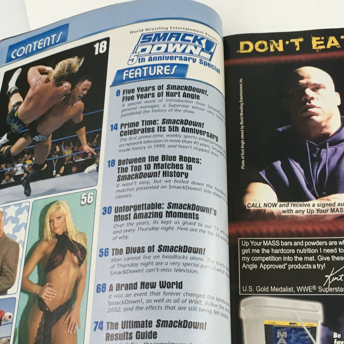 Interior page of WWE Smack Down Magazine November 2004 showing the contents section highlighting key features, including 'Five Years of SmackDown' and iconic matches.