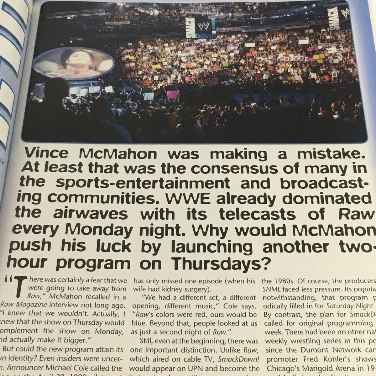 Article in WWE Smack Down Magazine November 2004 discussing Vince McMahon's strategy with the launch of SmackDown on Thursdays in the wrestling broadcasting landscape.