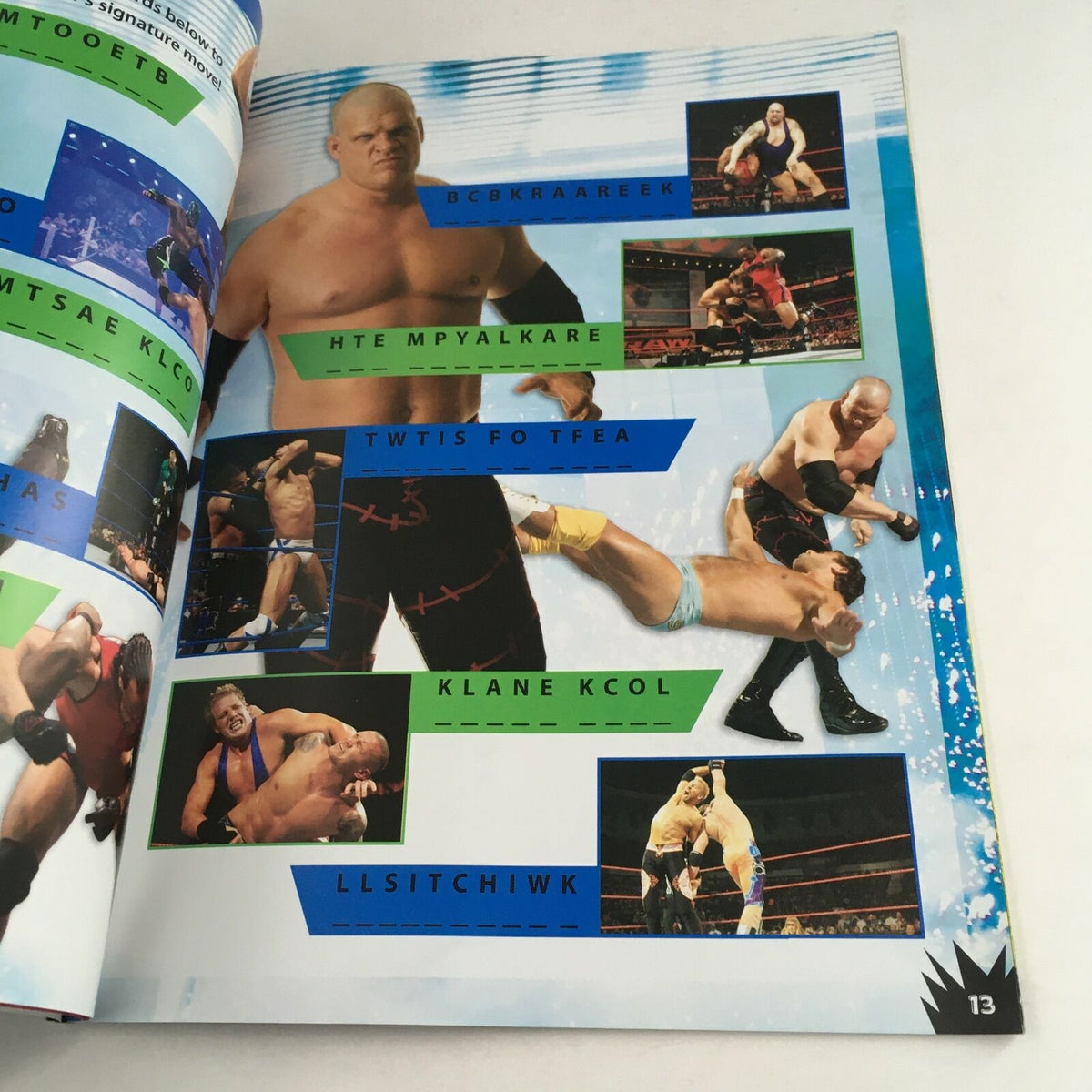 Inside page of WWE Sticker Activity Book 'The Heroes of Smack Down' showcasing various wrestling action scenes and character profiles.