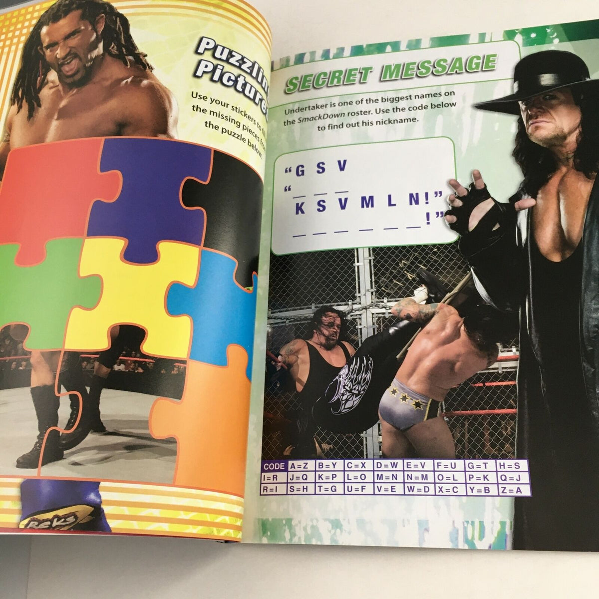 Puzzle and secret message page from WWE Sticker Activity Book 'The Heroes of Smack Down', featuring The Undertaker and engaging activities.
