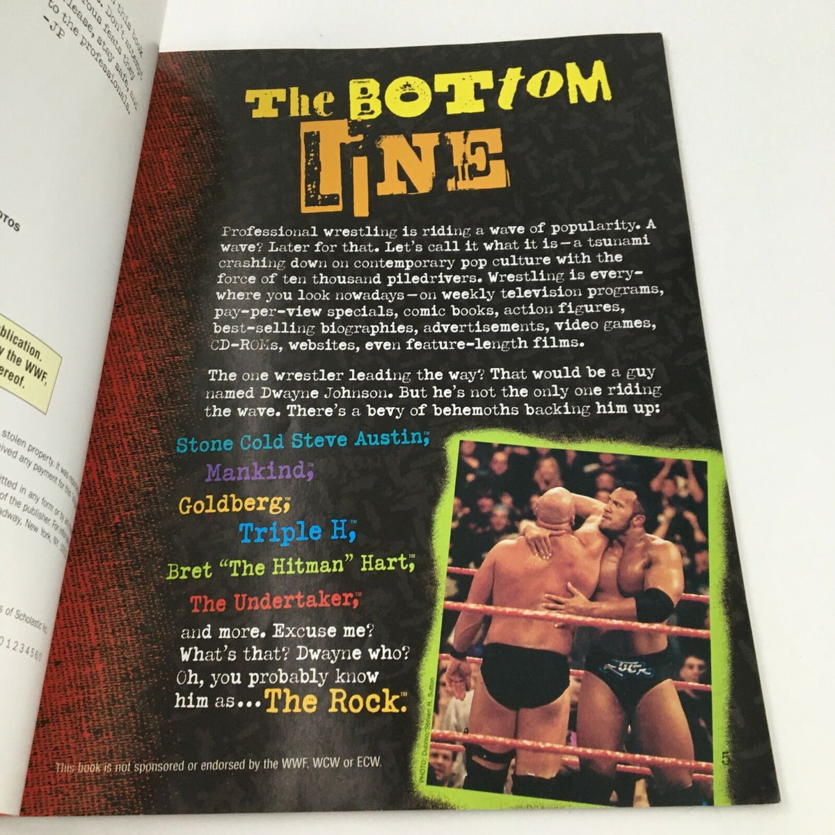 Interior page of WWF WCW ECW Wrestling The Bottom Line discussing professional wrestling and featuring images of Steve Austin and The Rock.