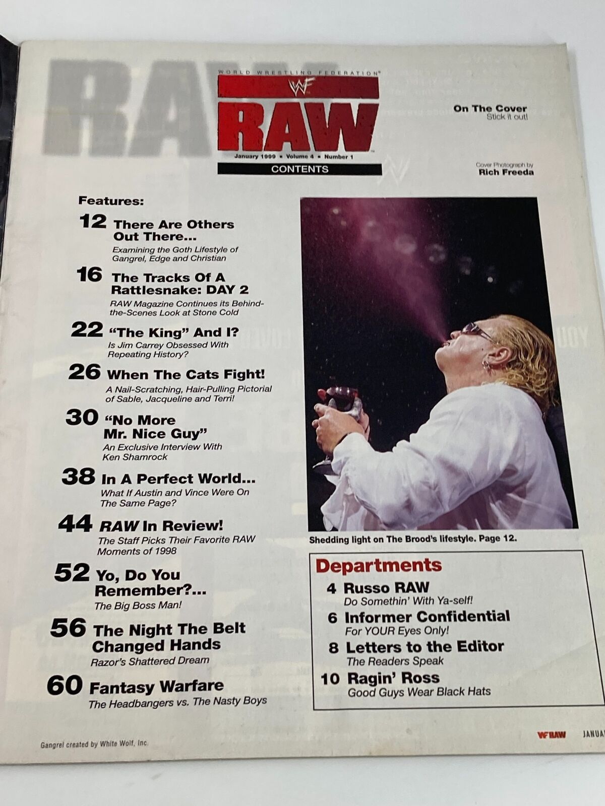 Inside page of WWF Raw Magazine January 1999 displaying the contents section, highlighting features and articles related to the wrestling lifestyle, including 'The Brood's Lifestyle'.