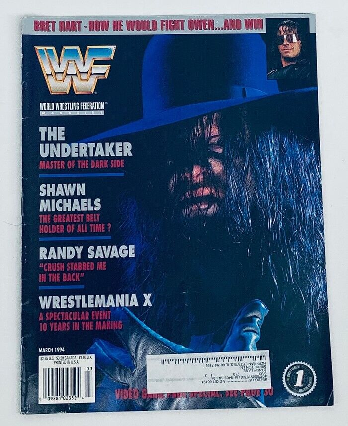 WWF World Wrestling Federation Magazine March 1994 cover featuring The Undertaker with a dramatic pose, highlighting the magazine's iconic wrestling content, including articles on wrestling legends like Shawn Michaels and Randy Savage.