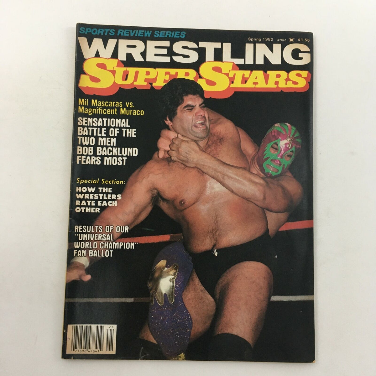 Cover of Wrestling Super Stars Magazine Spring 1982 featuring Mil Mascaras vs Magnificent Muraco, depicting a wrestling match between iconic wrestlers.