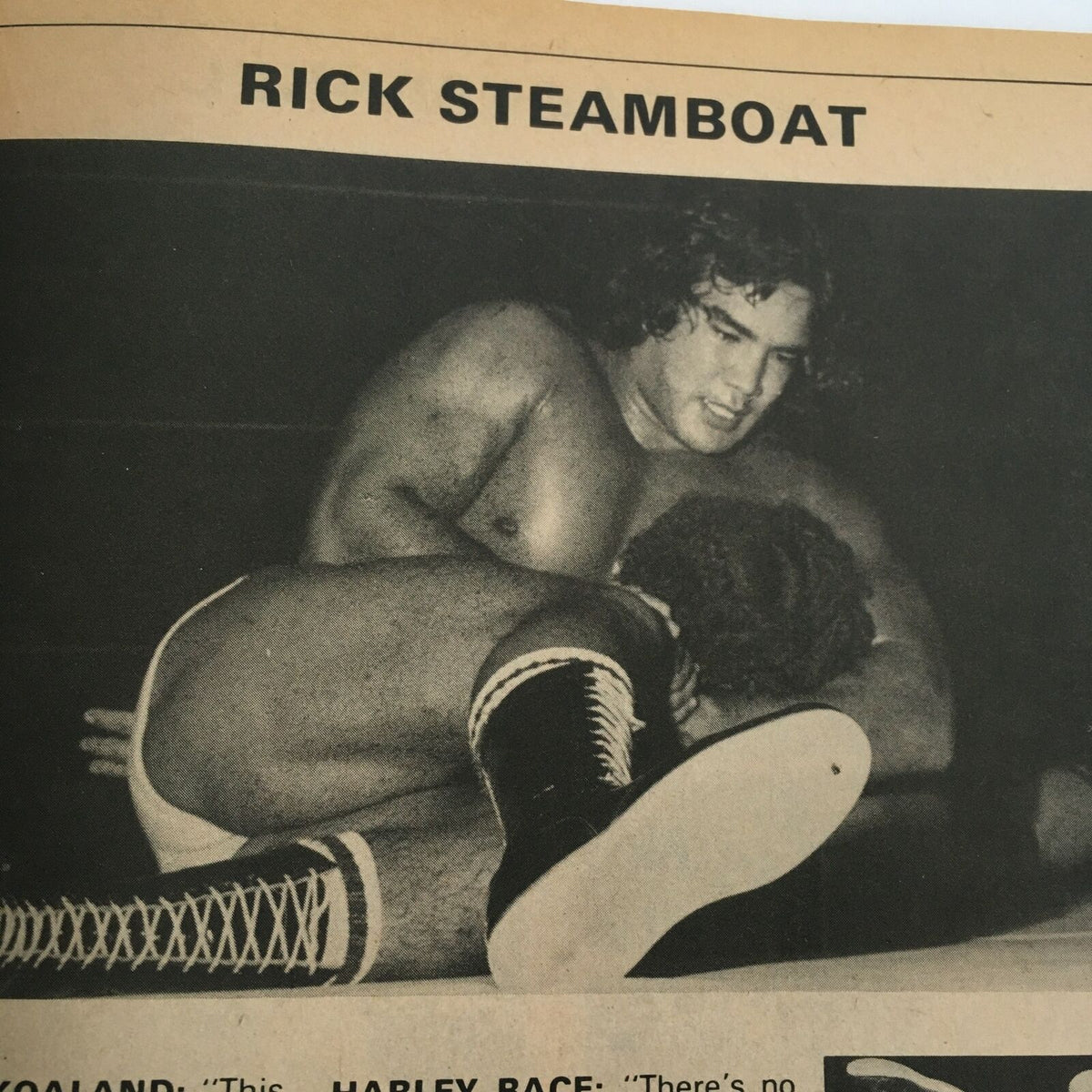 Image of wrestler Rick Steamboat from the article in Wrestling Super Stars Magazine Spring 1982, capturing his athletic performance.