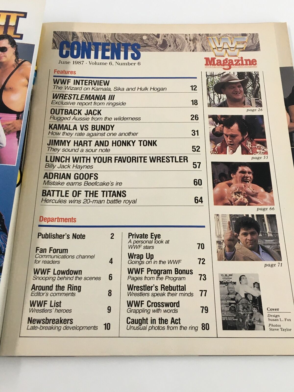 Contents page of the June 1987 WWF Magazine featuring sections on wrestling legends and articles about Hulk Hogan, Andre the Giant, and Miss Elizabeth.