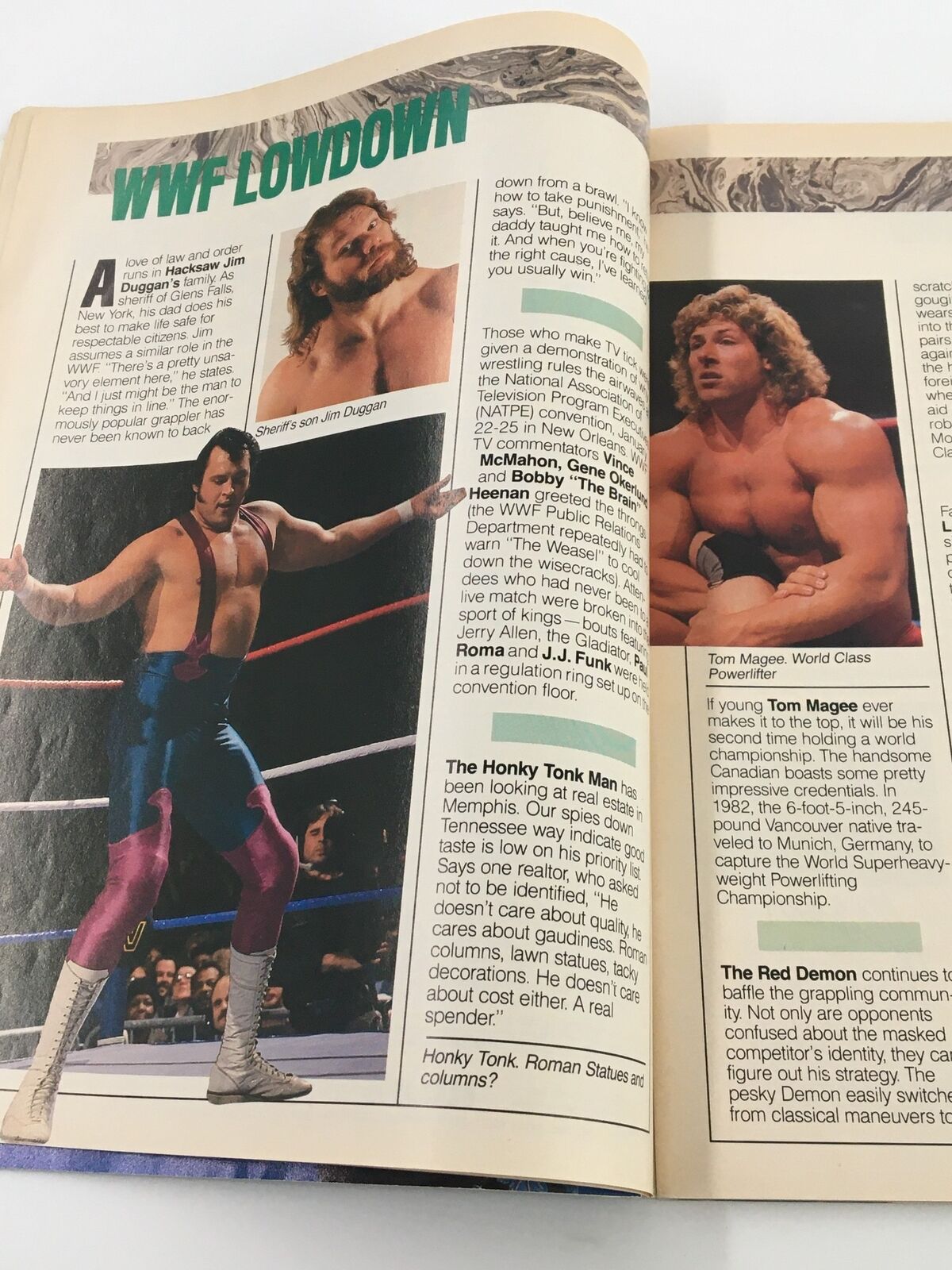 WWF Lowdown feature from the June 1987 WWF Magazine, highlighting wrestlers Hacksaw Jim Duggan and Tom Magee with insights into their careers.