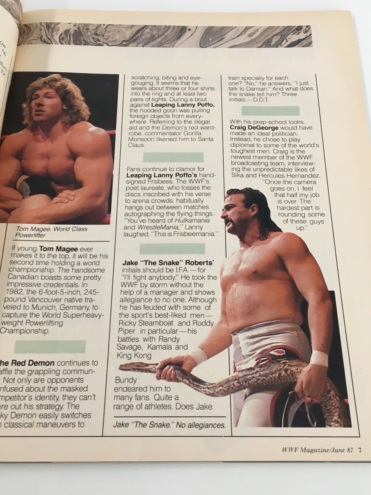 Article page from the June 1987 WWF Magazine showcasing Tom Magee and Jake 'The Snake' Roberts, discussing their wrestling exploits and personas.