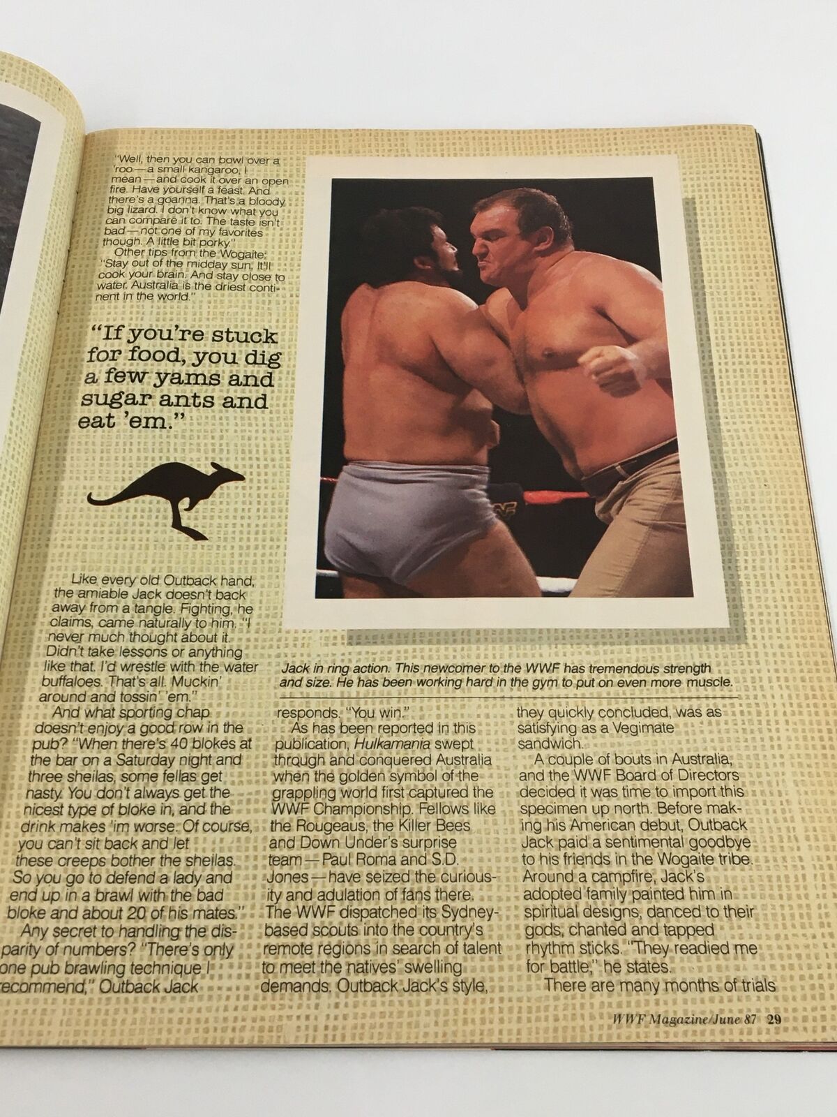 WWF Magazine June 1987 page showcasing Outback Jack in action with wrestling tips and insights.