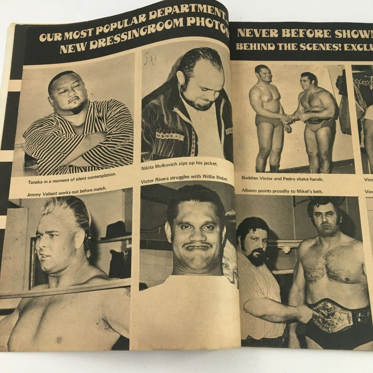 Official Wrestling Guide August 1972 features wrestlers Toru Tanaka and Pedro Morales in the dressing room, showcasing behind-the-scenes moments with various other wrestlers.