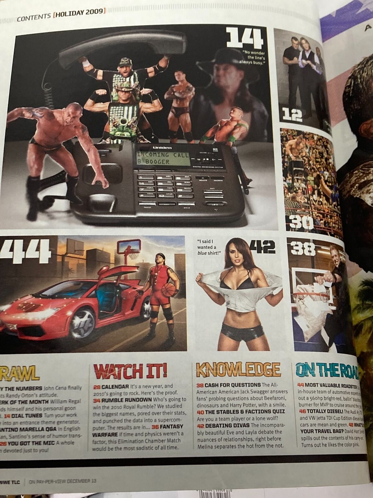 Interior page of WWE Magazine Holiday 2009 showcasing wrestling highlights and arcade games, featuring a photo collage of WWE superstars and action items.