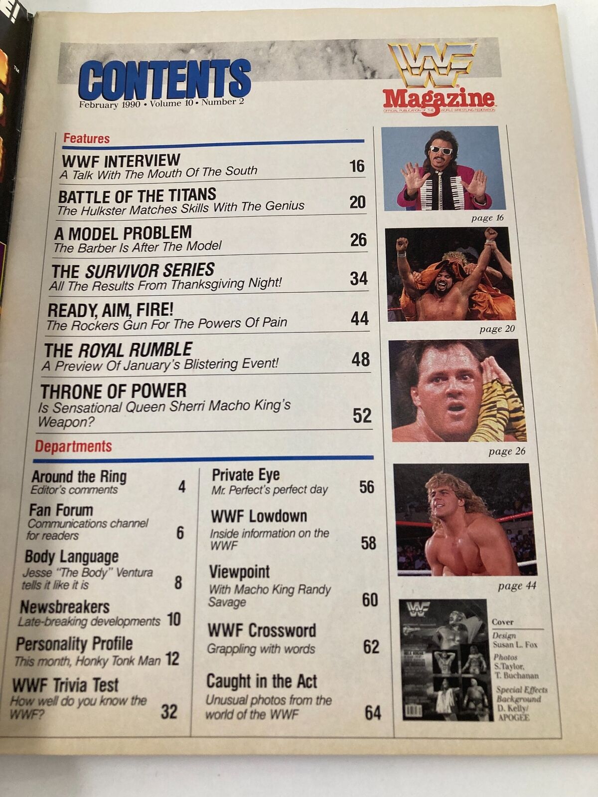 Interior page of WWF Magazine February 1990 displaying the contents section, outlining features such as interviews and articles on wrestling legends and events.