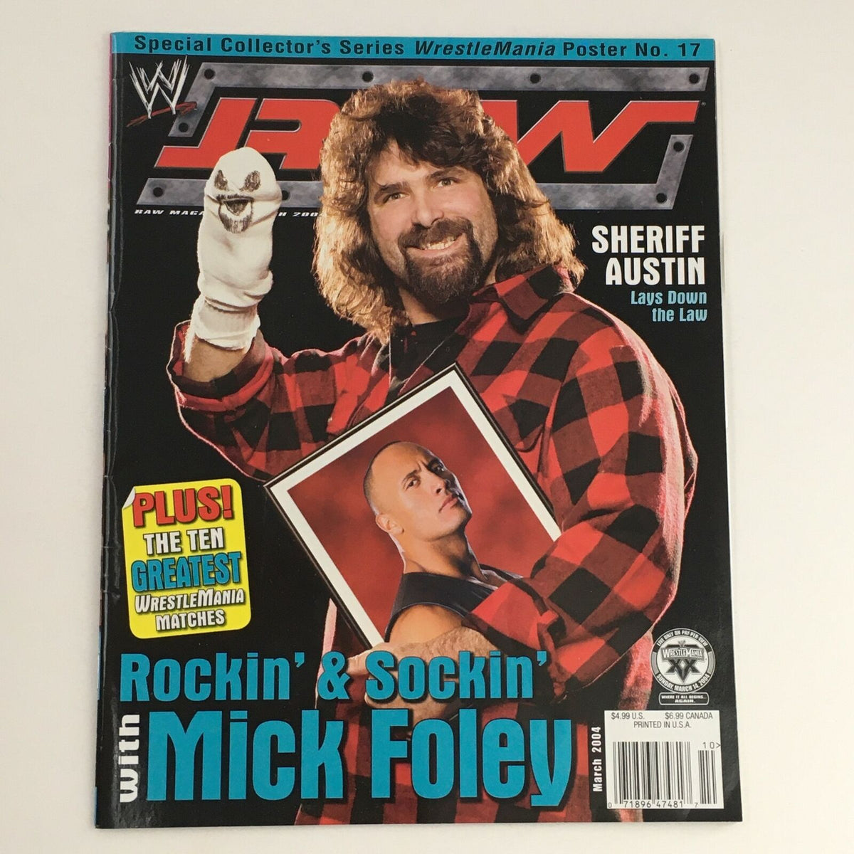 WWE Raw Magazine March 2004 cover featuring Sheriff Austin and Mick Foley with the tagline 'Rockin' & Sockin' with Mick Foley'.