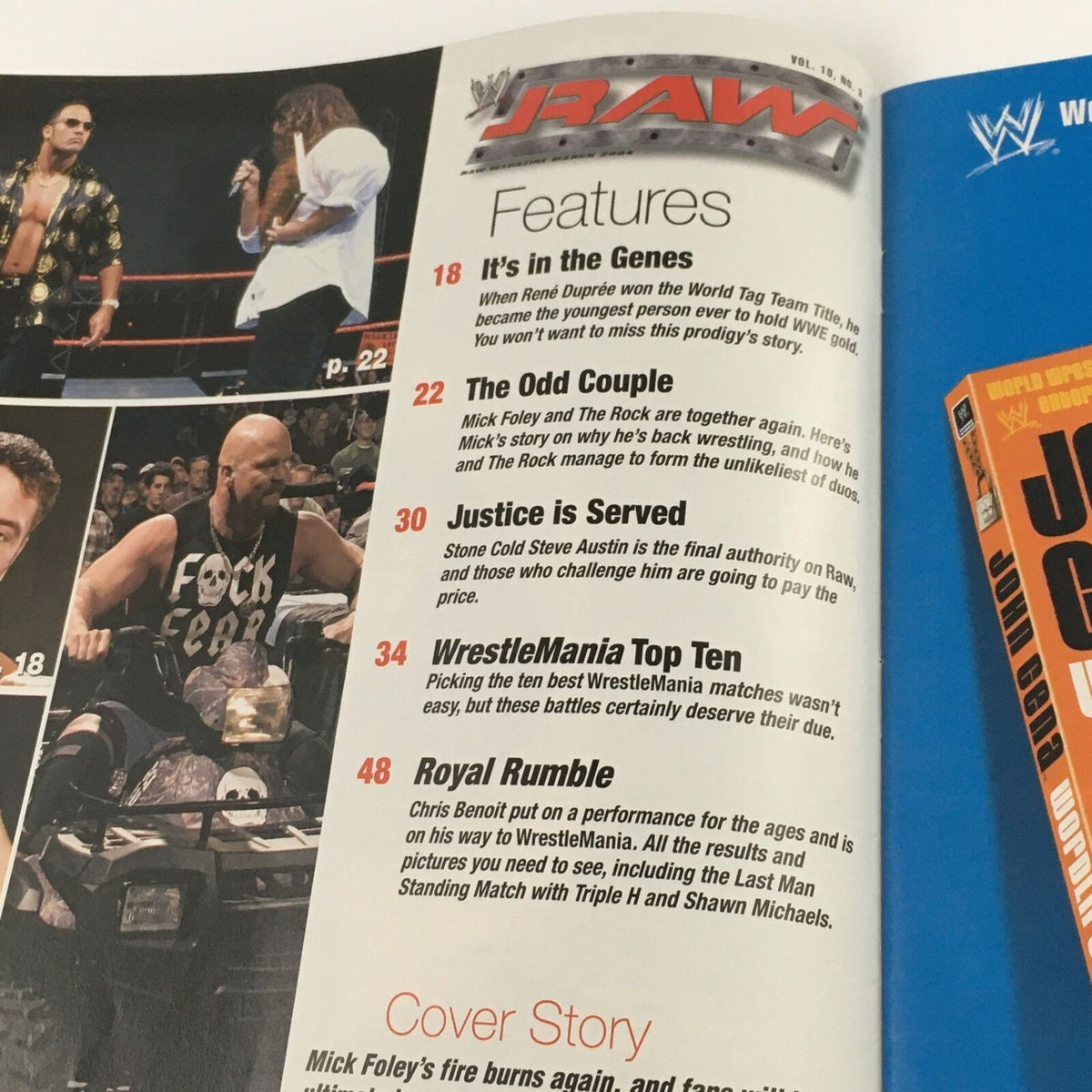 WWE Raw Magazine March 2004 showcasing features including the Justice Served story and the WrestleMania Top Ten with Sheriff Austin.