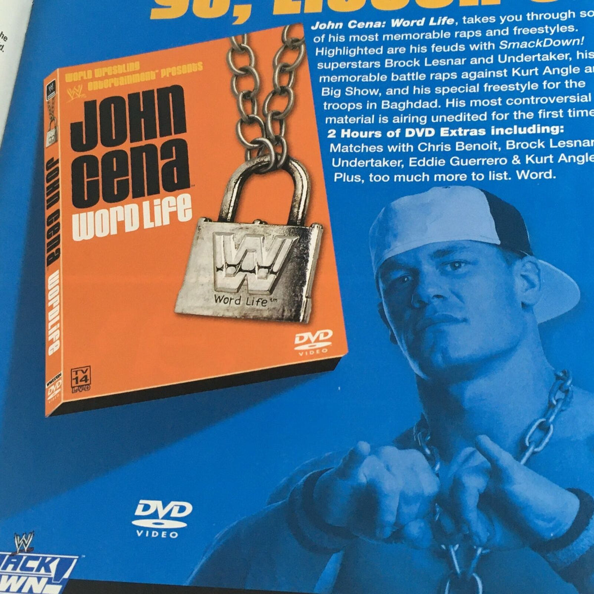 WWE Raw Magazine March 2004 promotion for John Cena: Word Life DVD featuring John Cena and various wrestling matches.