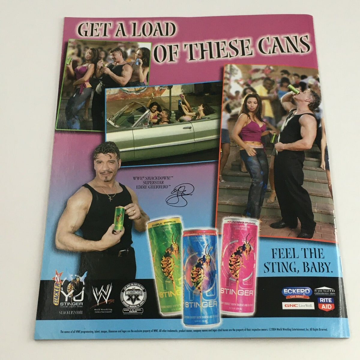 WWE Raw Magazine March 2004 advertisement featuring Eddie Guerrero with a focus on Stinger drinks and a playful tagline.