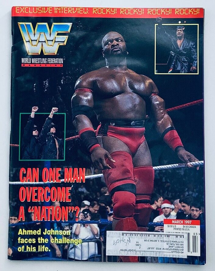 Cover of WWF World Wrestling Federation Magazine March 1997 featuring Ahmed Johnson, showcasing a bold headline and images from wrestling events.