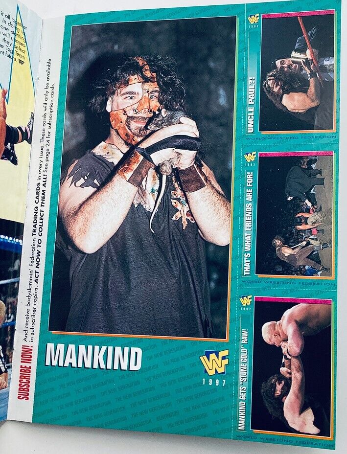 Internal page of WWF World Wrestling Federation Magazine March 1997 featuring Mankind with wrestling action shots and advertisements for trading cards.