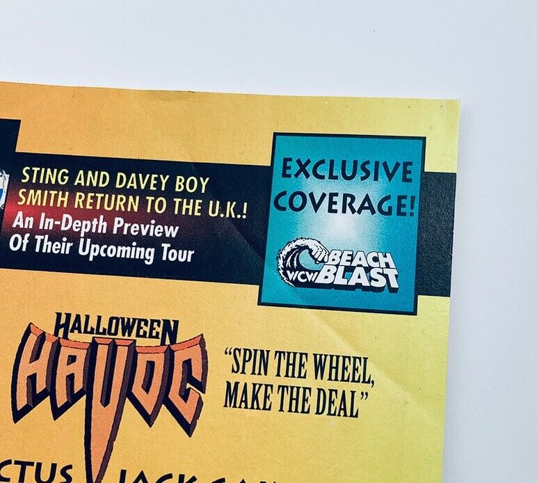 Close-up of WCW Wrestling Magazine November 1993 cover featuring exclusive promotions for upcoming events including Halloween Havoc and Beach Blast.