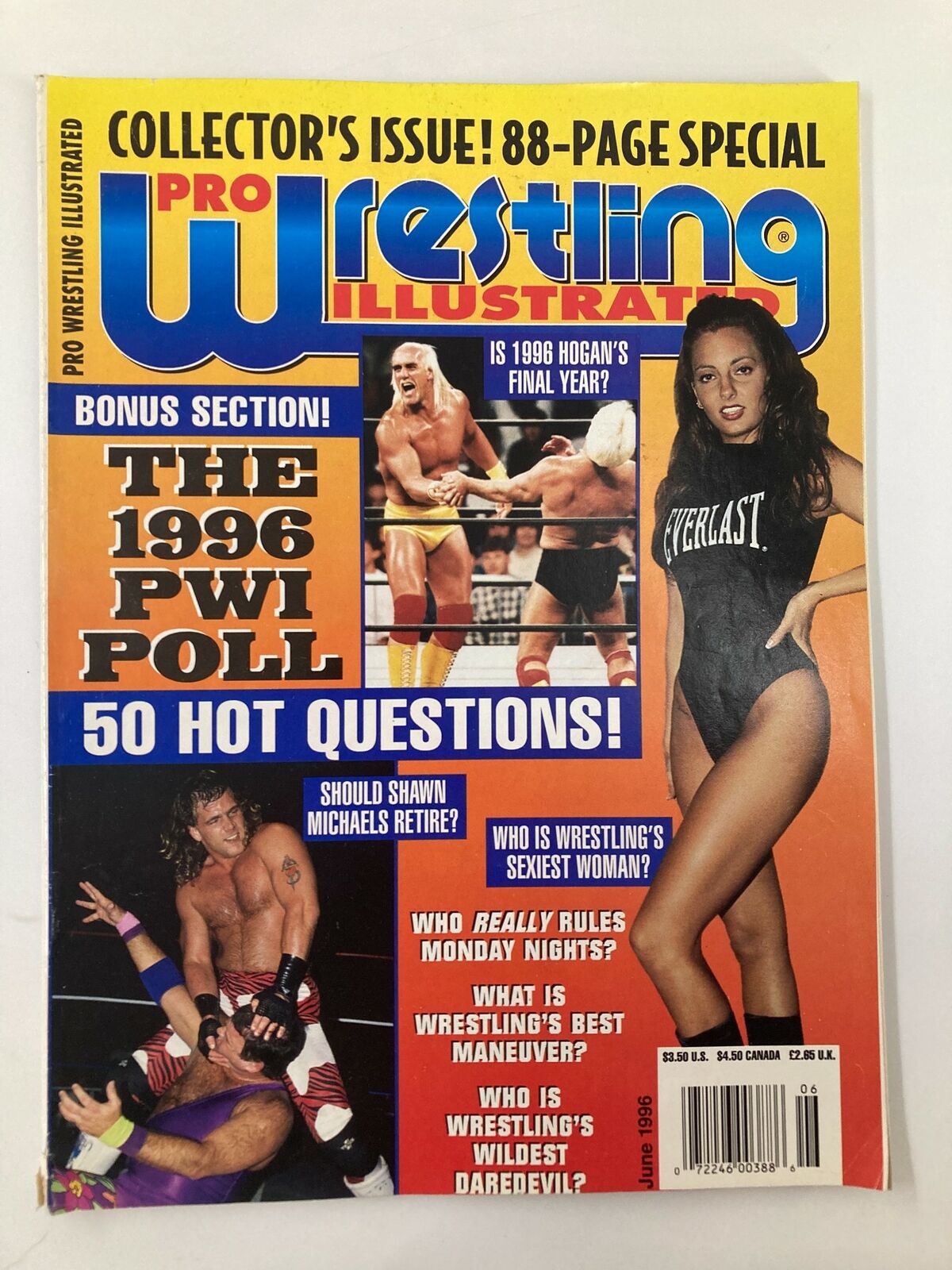 Cover of Pro Wrestling Illustrated Magazine June 1996 featuring Hulk Hogan and Shawn Michaels with headlines about wrestling polls and questions.