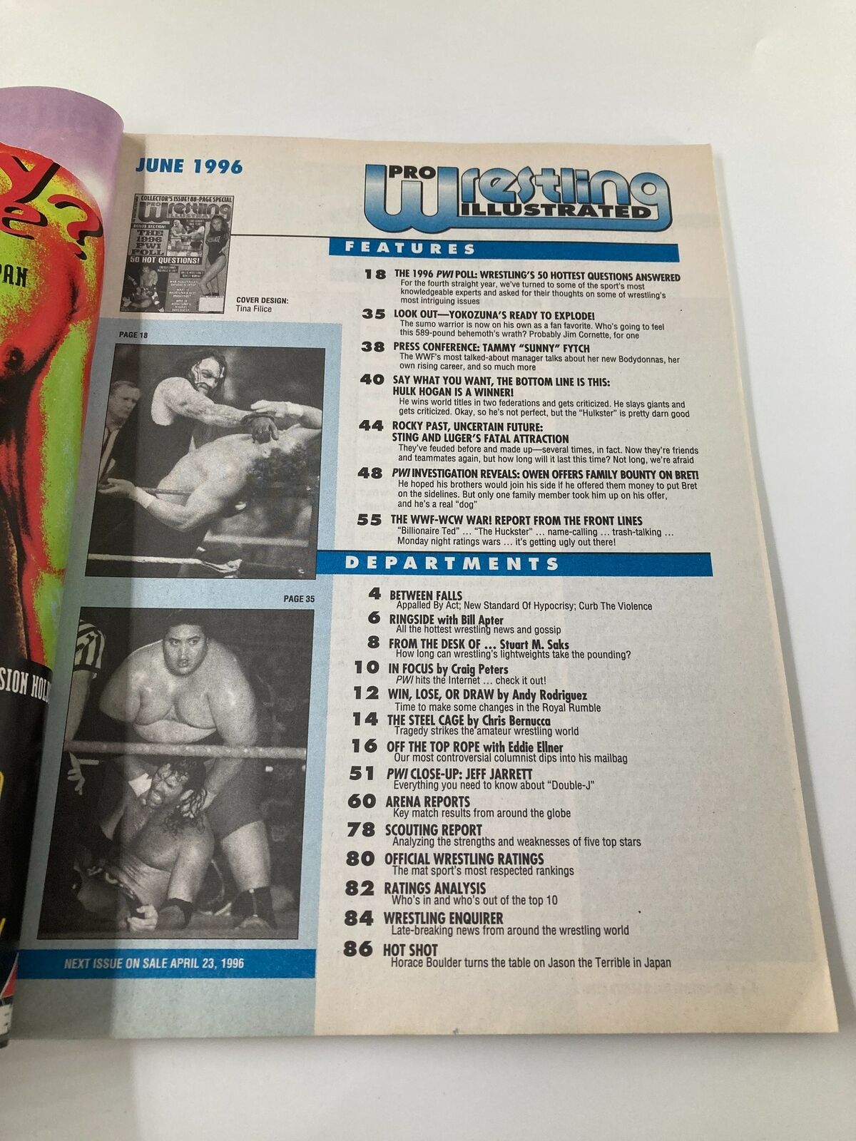 Inside page of Pro Wrestling Illustrated Magazine June 1996 displaying the table of contents along with articles on wrestling features and reports.