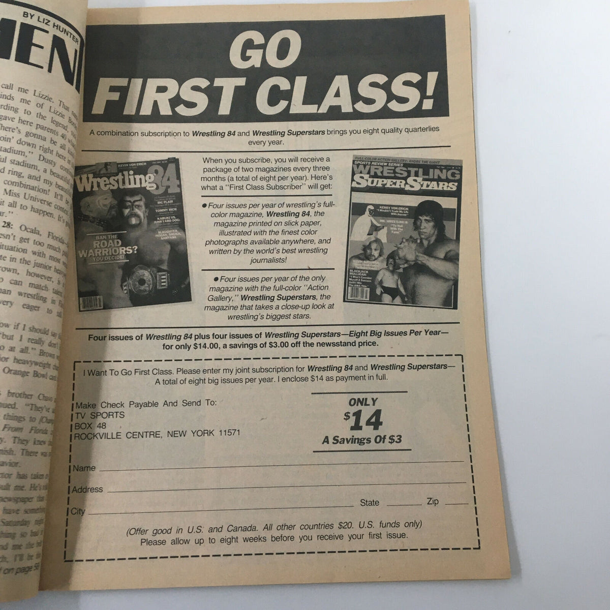 Promotional page from Pro Wrestling Illustrated November 1984 detailing subscription options for Wrestling 84 and Wrestling Superstars, emphasizing savings.