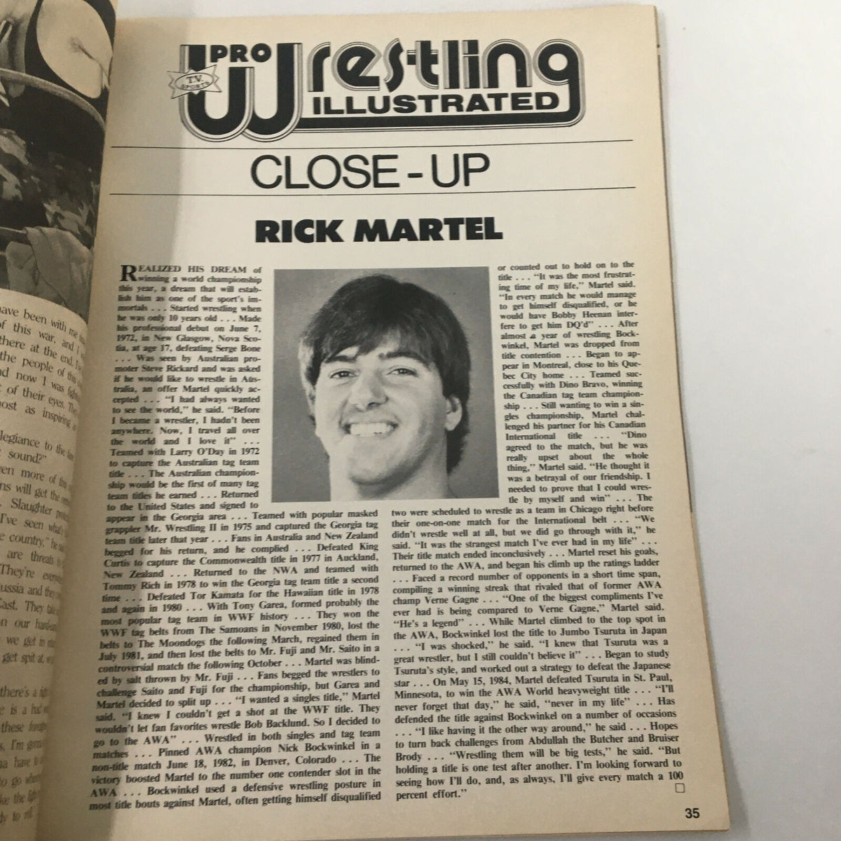 Pro Wrestling Illustrated November 1984 magazine page with a close-up feature on wrestler Rick Martel, including his career highlights and a black and white photograph.