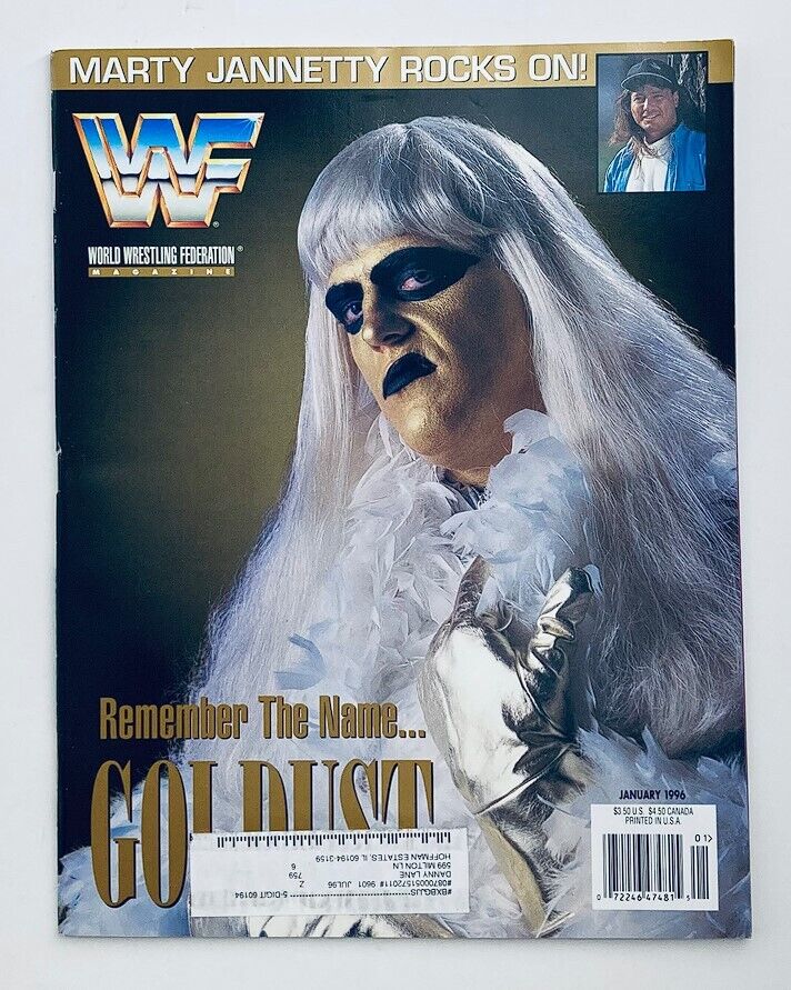 WWF World Wrestling Federation Magazine January 1996 cover featuring Goldust in dramatic makeup and costume, showcasing the era's wrestling culture. Essential for wrestling fans and collectors.